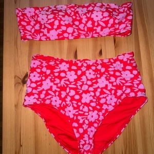 High waisted strapless bikini red with purple florals